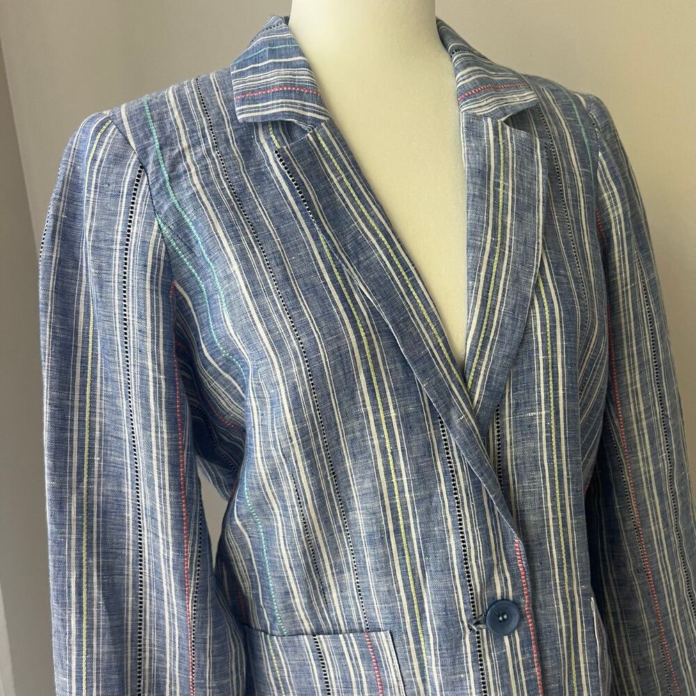 Revolve Parker Oversized Blue Linen Blazer Pinstripe - Picture 3 of 5